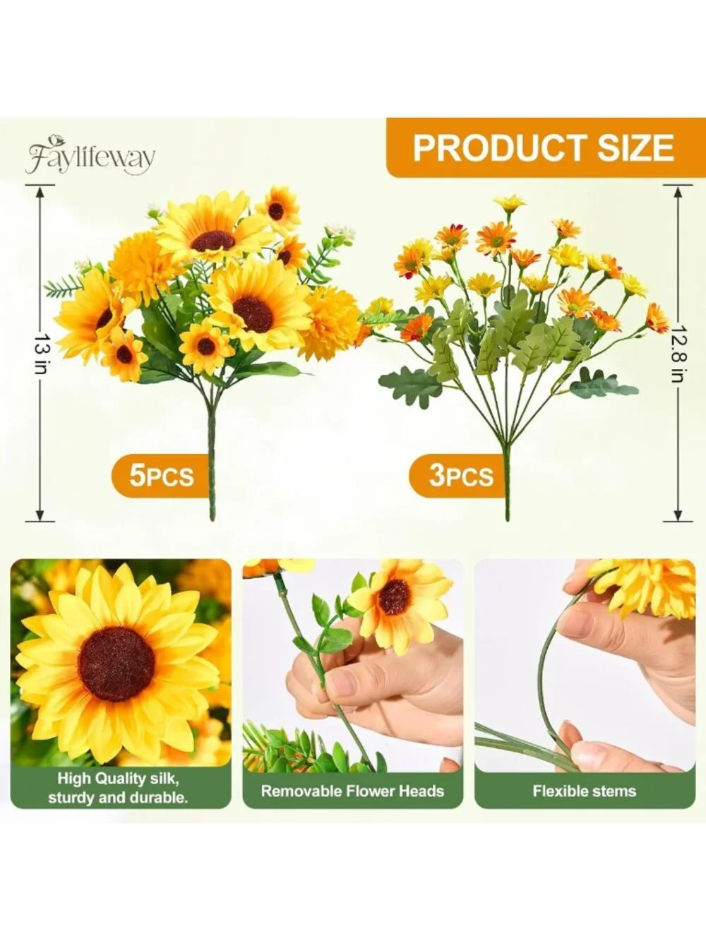 8 Bundles of Faux Sunflowers & Mums - Perfect for Fall Outdoor Decor & Planters